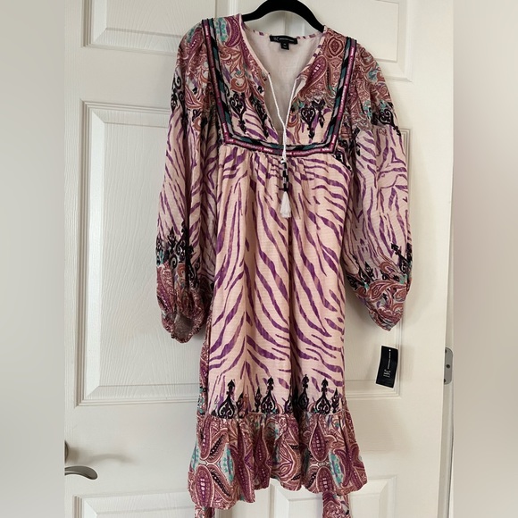 NWT INC Pink Boho Puffy Balloon Sleeve Embroidered Embellished Mini Dress,  XS - Picture 2 of 12